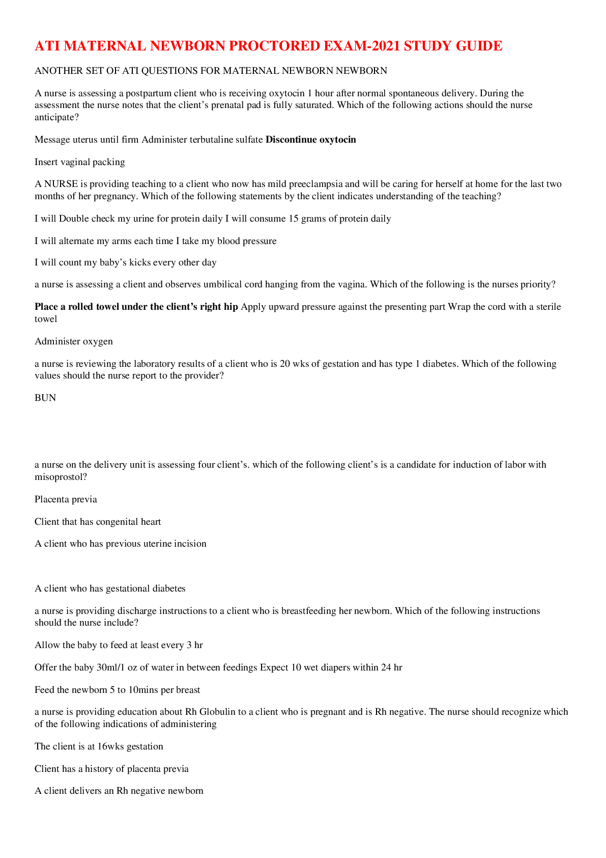 Preview image of ATI MATERNAL NEWBORN PROCTORED EXAM-2021, STUDY GUIDE document